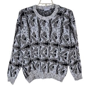 Vtg Area by Tag Abstract Geometric Brown Black White Crewneck Sweater Sz L USA